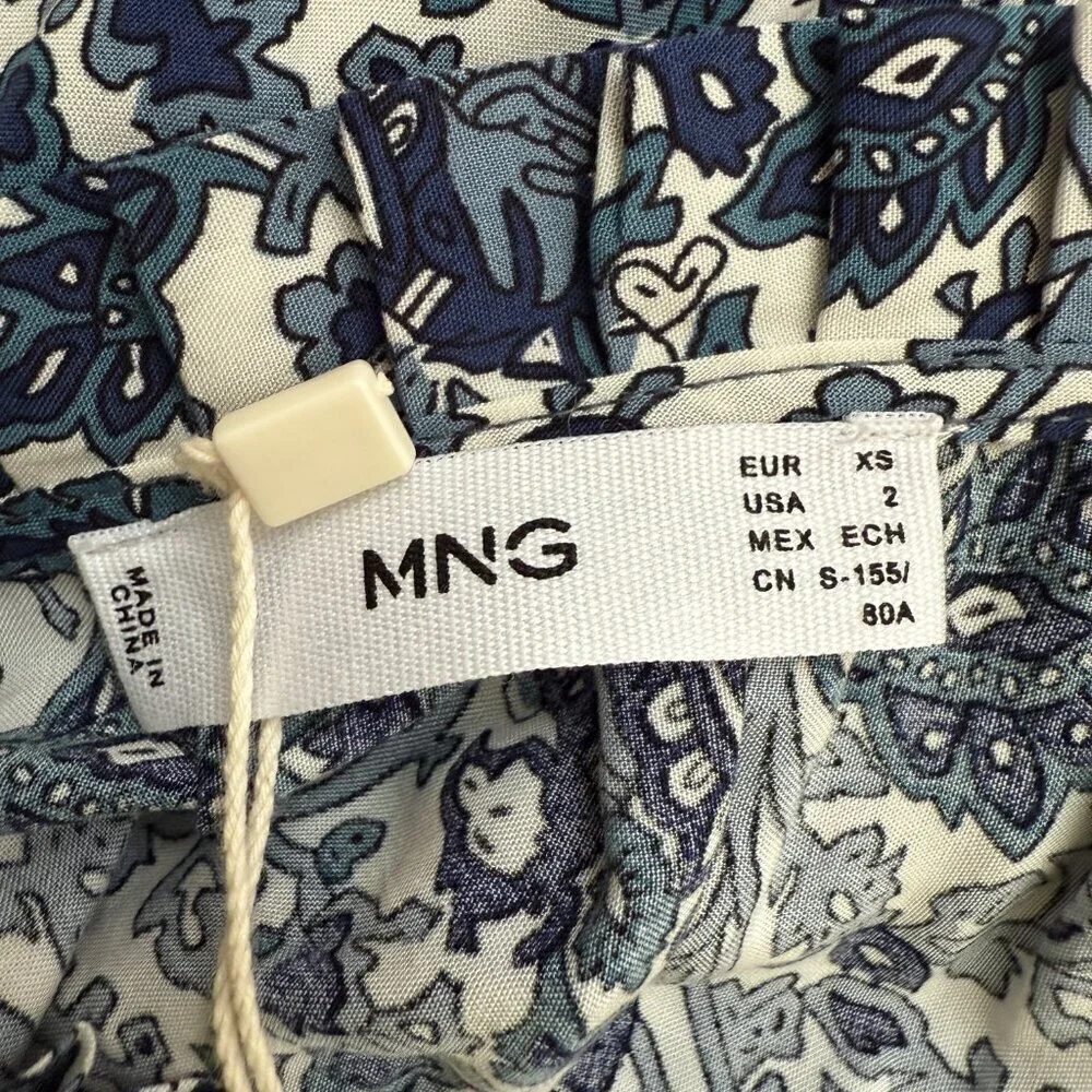 Mango Floral Paisley Print Button Up Tiered Maxi Dress Women's 2 Blue White NWT